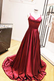 A-Line Spaghetti Straps V Neck Red Prom Dresses