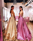 Glitter Gold Prom Dresses Sequin Split Evening Dress with Pocket
