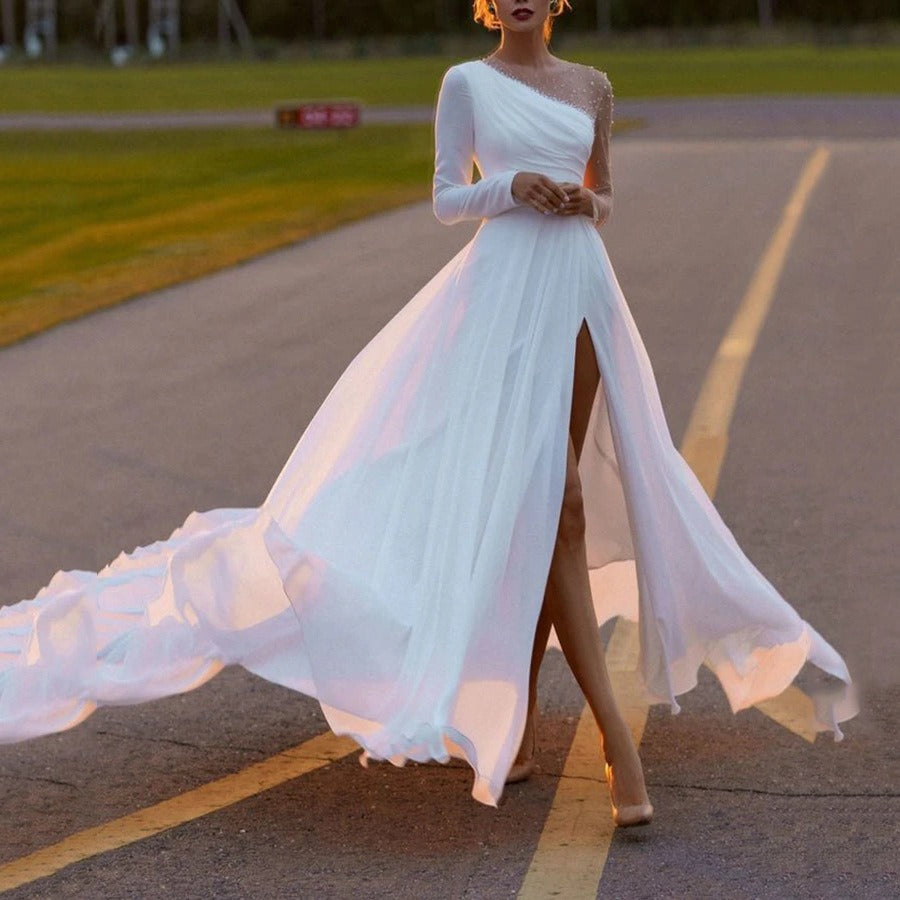 A Line Chiffon Pearls Long Sleeve Beach Wedding Dresses White Custom Color / US14 A Line Chiffon Pearls Long Sleeve Beach Wedding Dresses White Custom Color / US14