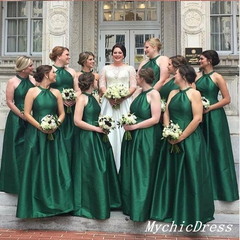 A Line Halter Emerald Green Bridesmaid Dresses Satin Wedding Guest Dresses US4 Same As Picture