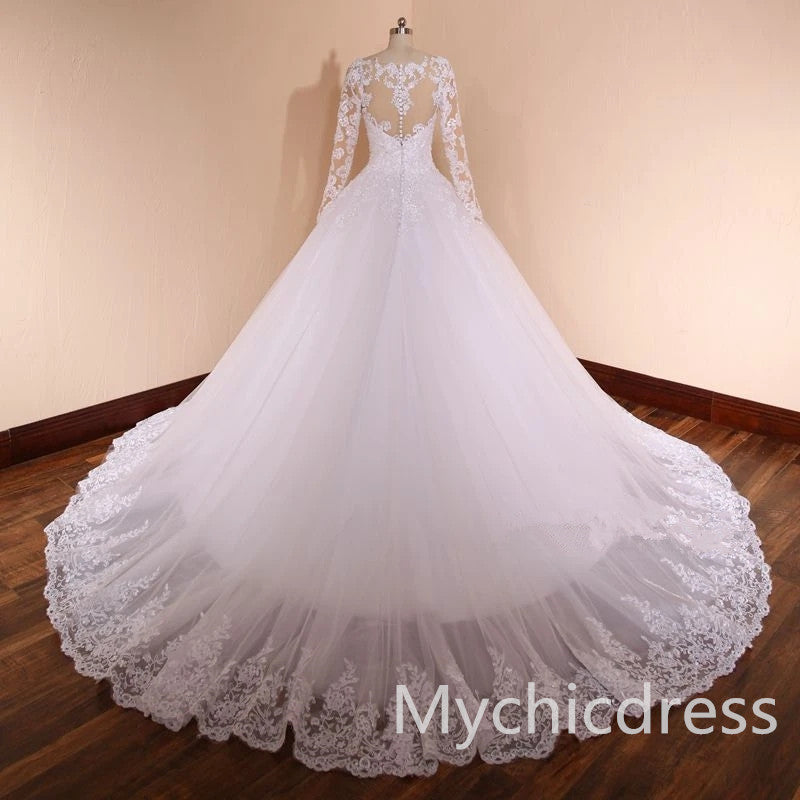 A Line Lace Appliques Vintage Wedding Dresses with Pearls MyChicDress
