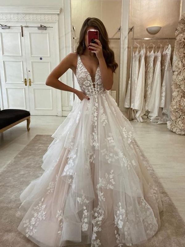 A Line Lace Vintage Wedding Dresses V Neck Sleeveless Bridal Gown MyChicDress