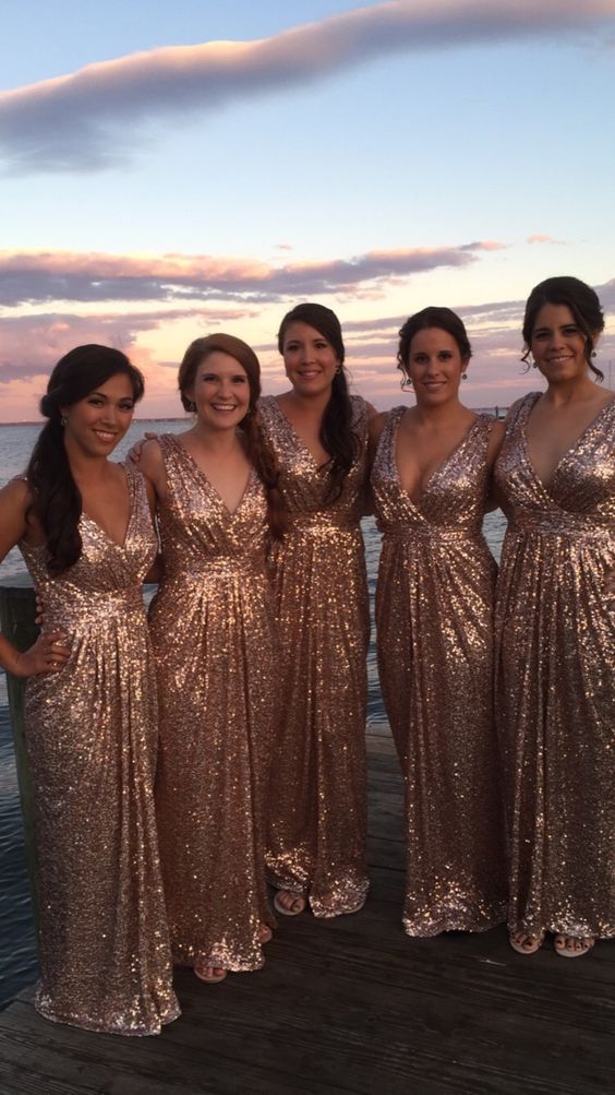 A Line Rose Gold Sequin Bridesmaid Dresses Long Glitter Wedding