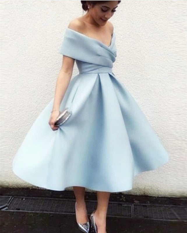 Wedding Guest Dress Cold Shoulder Tea Dress A Line Satin Wedding