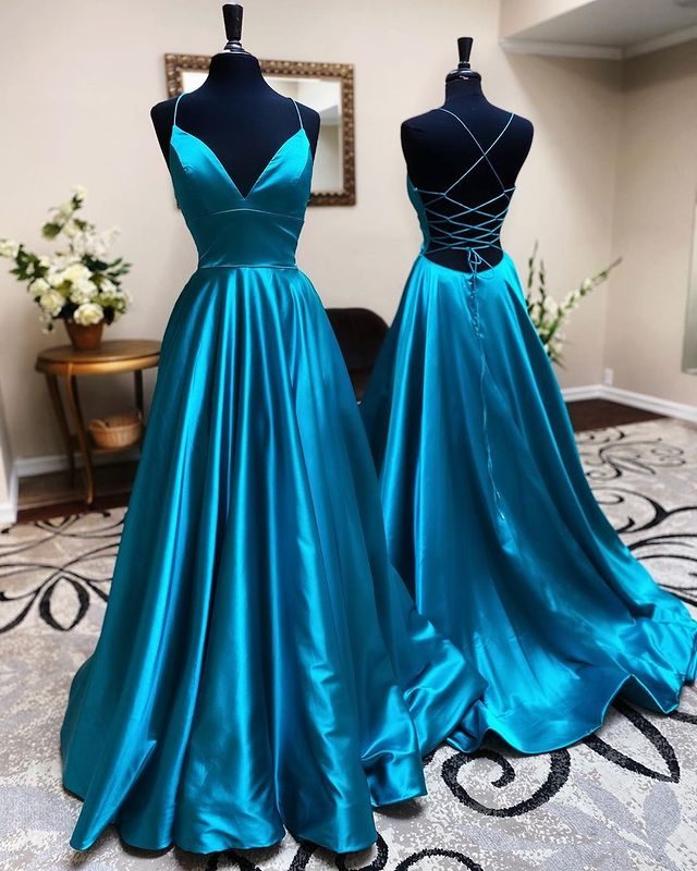 A Line Stretch Satin Emerald Green Prom Dresses Spaghetti Straps V Neck Dress Custom Color / US16 A Line Stretch Satin Emerald Green Prom Dresses Spaghetti Straps V Neck Dress Custom Color / US16