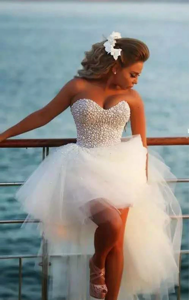 A Line Sweetheart Short Beach Pearl Hi-Lo Tulle White Wedding