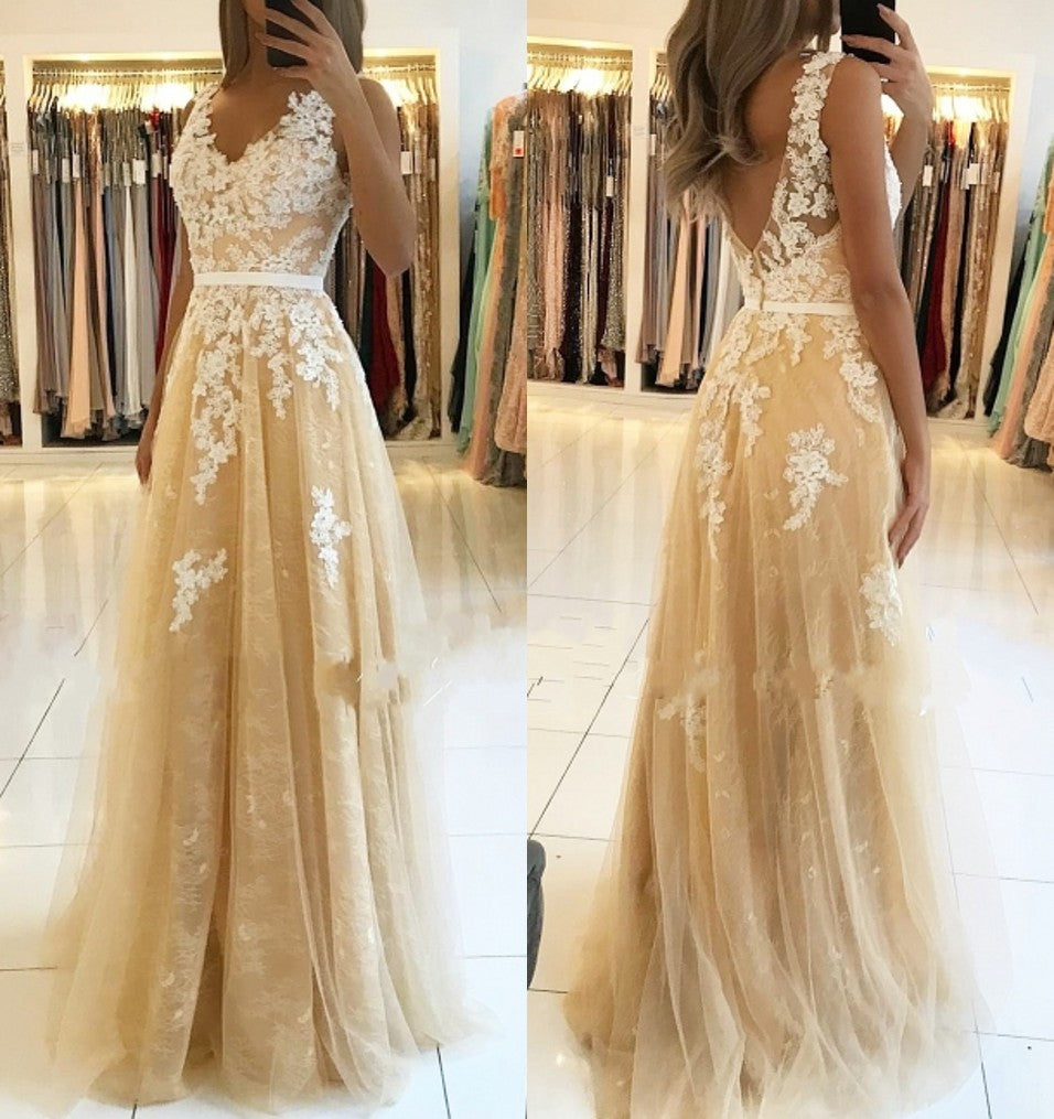A Line V Neck Lace Champagne Prom Dresses Cheap MyChicDress