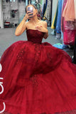 A-Line Burgundy Lace Prom Dresses Strapless Appliques Long Formal Dress