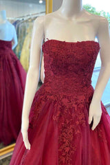 A-Line 2024 Burgundy Lace Prom Dresses Strapless Appliques Long Formal Dress