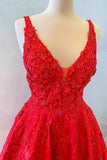 A-Line Floor Length Princess Red Long Formal Dresses Lace Floral V Neck