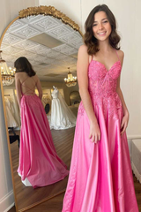 A-Line Hot Pink Formal Dresses 2024 Floral Appliques Cheap Prom Dress Lace-Up