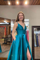 A-Line Long Prom Dress Satin Side Slit Teal Green Formal Dress with Pockets