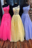 A-Line One-Shoulder Lace Prom Dresses Floral Appliques Formal Dress