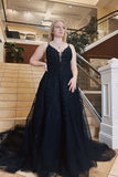 A-Line Plus Size Black Prom Dresses Lace Applique Spaghetti Straps Tulle Formal Dress