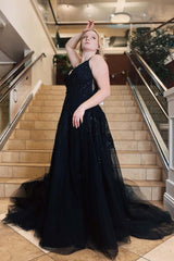 A-Line Plus Size Black 2024 Prom Dresses Lace Spaghetti Straps Tulle Formal Dress