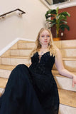 A-Line Plus Size Black Prom Dresses Lace Applique Spaghetti Straps Tulle Formal Dress