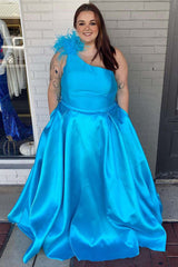 A-Line Plus Size Blue Prom Dress Feathers One-Shoulder Long with Pockets