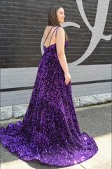 A-Line Plus Size Sequins Iridescent Prom Dresses Purple One Shoulder Sleeveless Ruffles