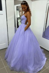 A-Line Purple Tulle Long Prom Dresses 2024 Spaghetti Straps Backless Evening Dress