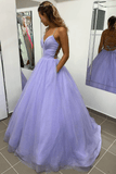 A-Line Purple Tulle Long Prom Dresses Spaghetti Straps Backless Evening Dress