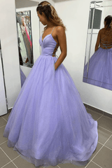 A-Line Purple Tulle Long Prom Dresses 2024 Spaghetti Straps Backless Evening Dress