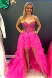 A-Line Red High Low Prom Dresses Tulle Sweetheart Beaded Tiered Formal Dress