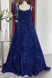 A-Line Red Sequin Quince Dresses Square Neck Backless Long Prom Dresses