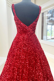 A-Line Red Sequin Quince Dresses Square Neck Backless Long Prom Dresses