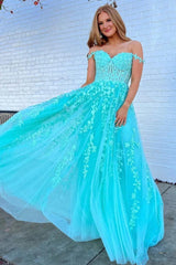 A-Line Tulle Floral Plus Size Lace Prom Dresses Applique Off-the-Shoulder