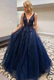 A-Line V Neck Navy Blue Lace Prom Dresses Appliques Evening Dress Long