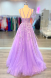A-line Lilac Tulle Prom Dresses With Appliques V-neck Formal Evening Dresses UK