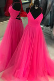 A-line Long V Neck Tulle Prom Dress Hot Pink with Lace-up Back