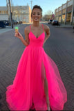 A-line Long V Neck Tulle Prom Dress Hot Pink with Lace-up Back