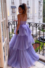A-line Tulle Ruffle 2024 Tiered Prom Dresses Purple Spaghetti Straps Long Formal Dress