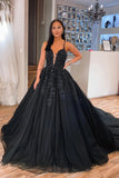 A Line Black Lace Long Prom Dresses V Neck Beaded Formal Evening Dress
