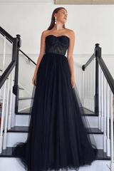 A Line Black Lace 2024 Prom Dress Tulle Strapless Long Formal Dresses UK