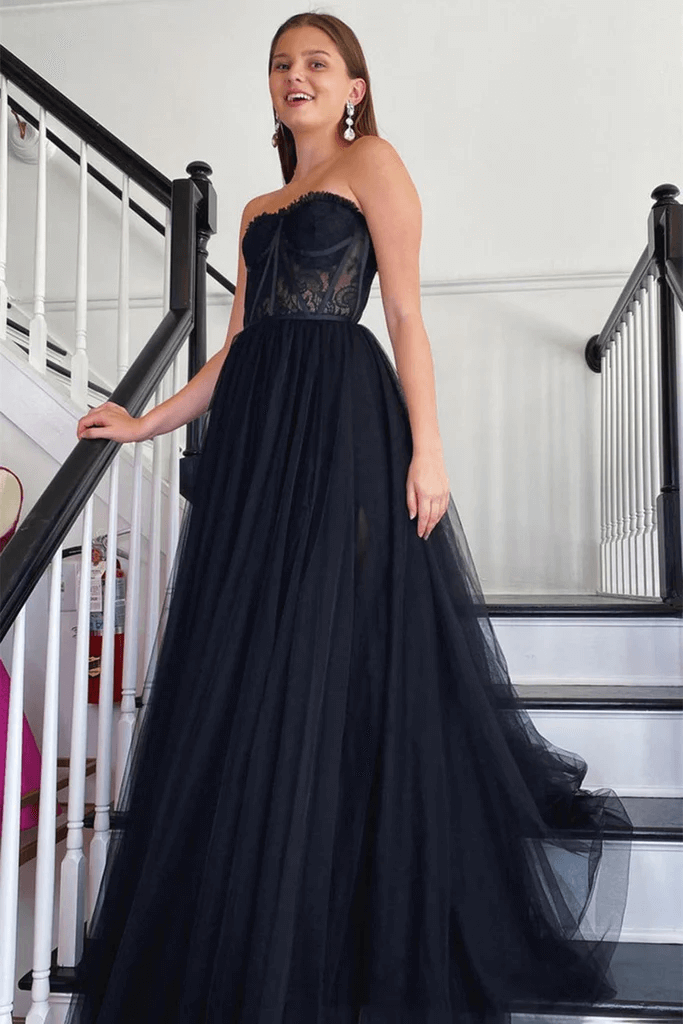 A Line Black Lace Prom Dress Tulle Strapless Long Formal Dresses UK ...