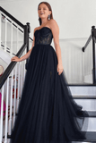 A Line Black Lace Prom Dress Tulle Strapless Long Formal Dresses UK