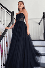 A Line Black Lace 2024 Prom Dress Tulle Strapless Long Formal Dresses UK
