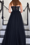 A Line Black Lace Prom Dress Tulle Strapless Long Formal Dresses UK
