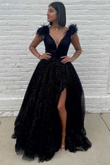 A Line Black Prom Dresses 2024 Sequin Feathers Graduation Dress with split