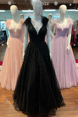A Line Black Prom Dresses 2024 Sequin Feathers Graduation Dress with split