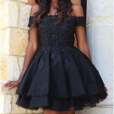 A Line Black Short Homecoming Dresses Lace Off the Shoulder Damas Dress