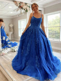 A Line Blue Lace Prom Dresses Cross Back Cheap Formal Evening Dresses Applique