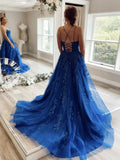 A Line Blue Lace Prom Dresses Cross Back Cheap Formal Evening Dresses Applique