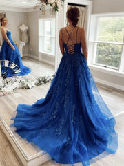 A Line Blue Lace 2024 Prom Dresses Cross Back Cheap Formal Evening Dresses Applique