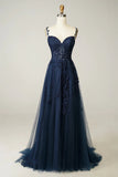 A Line Cheap Navy Blue Lace Prom Dresses Spaghetti Straps with Appliques