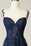 A Line Cheap Navy Blue Lace Prom Dresses Spaghetti Straps with Appliques