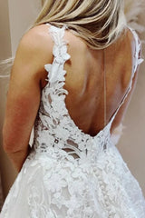 A Line Deep V Neck Lace Wedding Dresses Applique Brida Gown