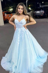 2024 Light Blue Prom Dresses V Neck Appliques Lace Evening Dress